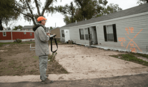 Mobile home inspector standing outside of mobile home with camera