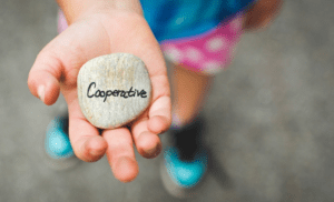 child holding a rock that says "cooperative"