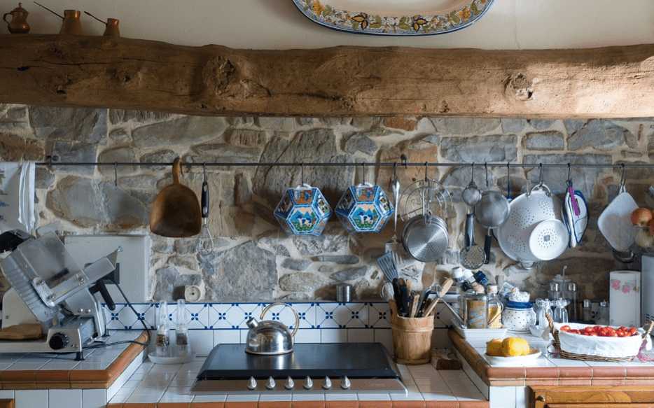 rustic kitchen theme with items hanging on hooks