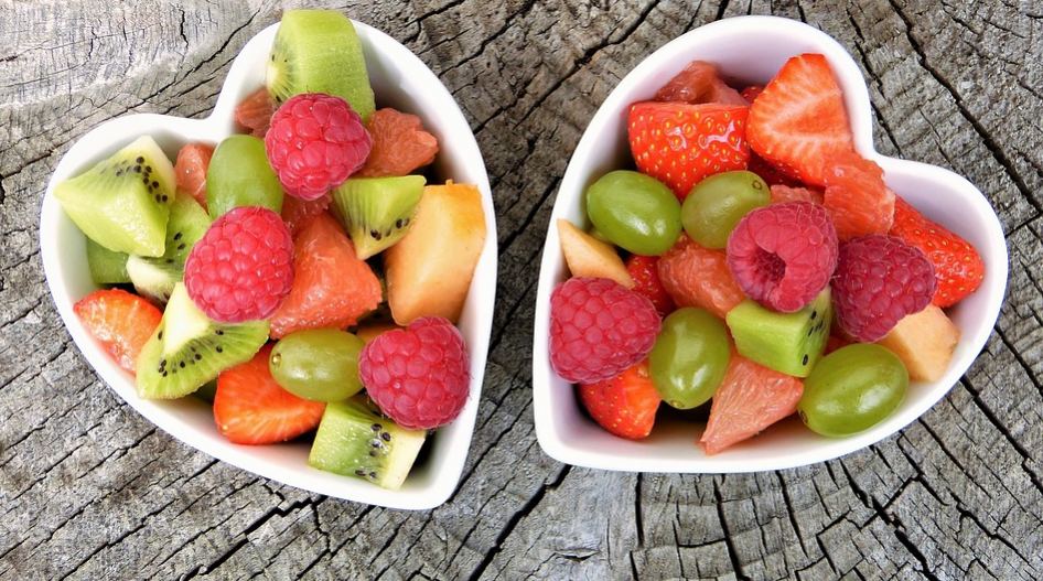 Heart shaped bowls of fruit salad
