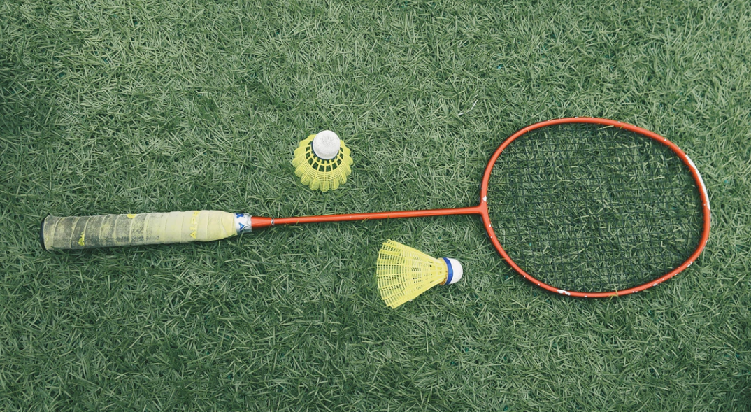 Badminton racket and birdies on the grass