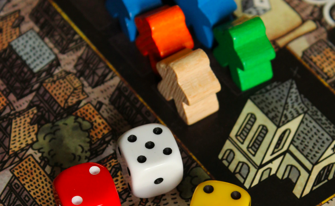 Board game pieces and dice