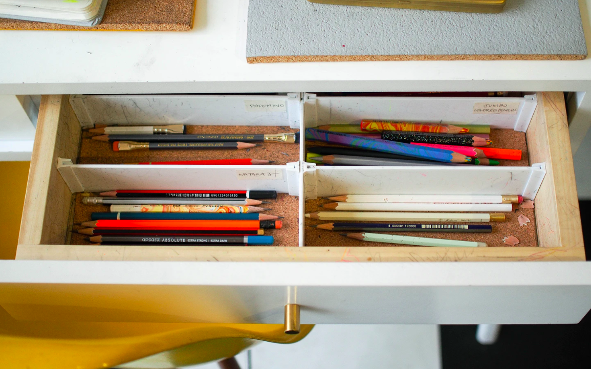 Colored pencils in the drawer