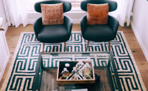 Patterned rug in living room