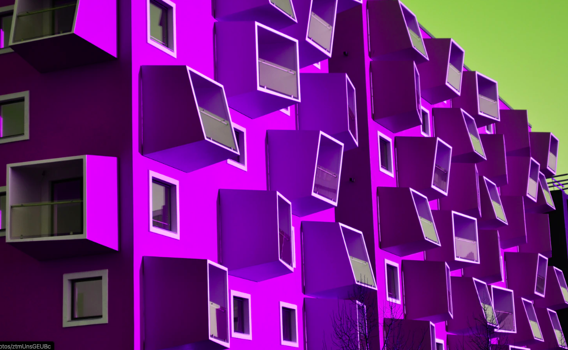 Purple building with neon sky