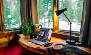 Desk with lamp by the window