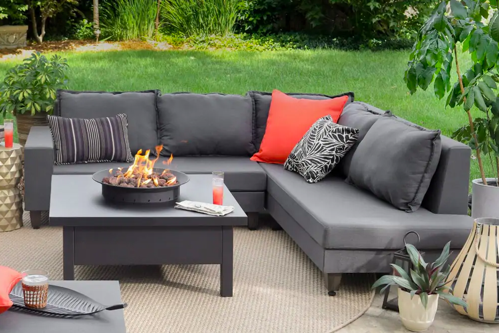 Sectional sofa with firepit outdoors