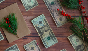 American currency and winter holly